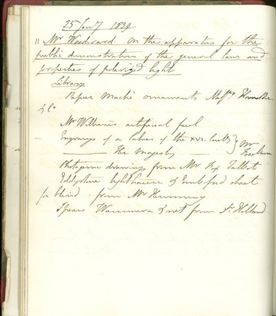 Een pagina uit het notitieboek van Michael Faraday met aankondiging van een tentoonstelling van William Fox-Talbot